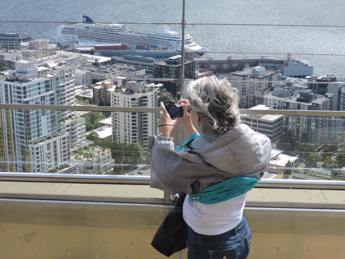 Connie in the wind
              on the Space Needle
